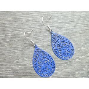 Blue Lace Teardrop Earrings Silver Tone